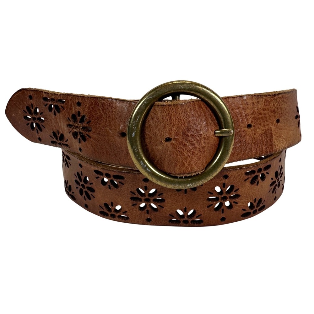 Brown Leather Laser Cut Floral Belt with Brass Round Buckle Medium Boho
